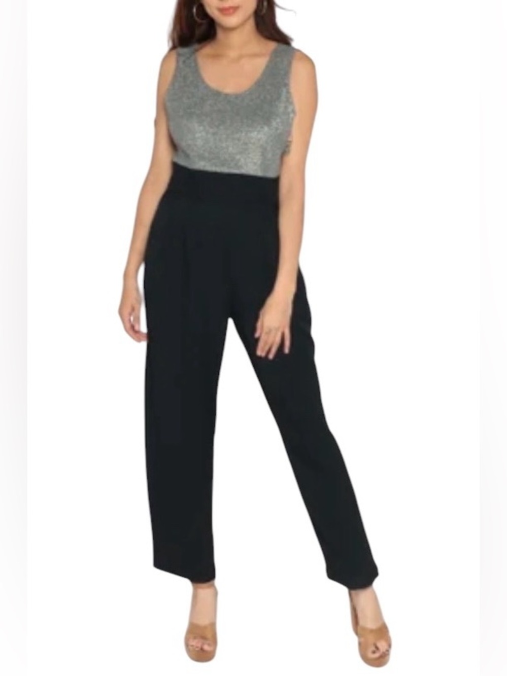 JOHN ROBERTS Vintage Metallic Silver & Black Sleeveless Jumpsuit|women Petite 8P